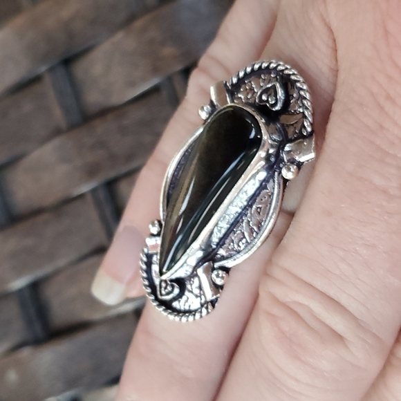New Silver Sheen Obsidian 925 Silver Statement Ring. - Picture 4 of 12